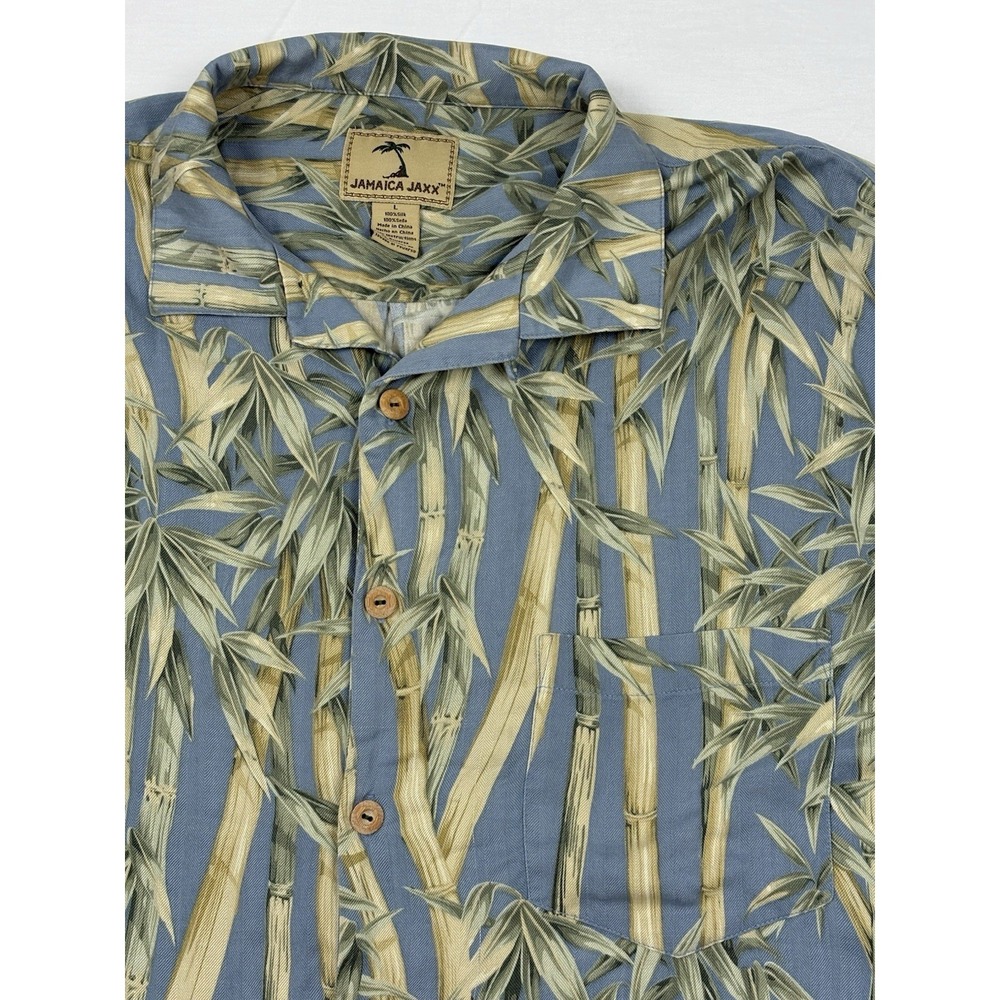 VTG Jamaica Jaxx Silk Hawaiian Camp Shirt XL Herringbone Jacquard Blue Bamboo